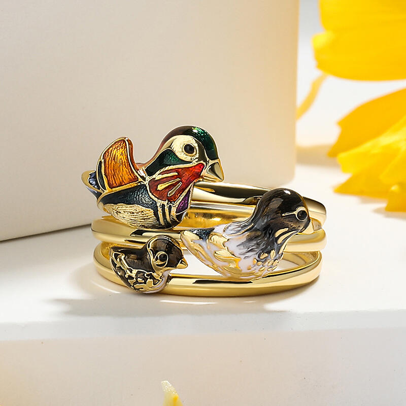 Jeulia "Utflykt tillsammans" Mandarin Duck Familj Emalj Sterling Silver Ring