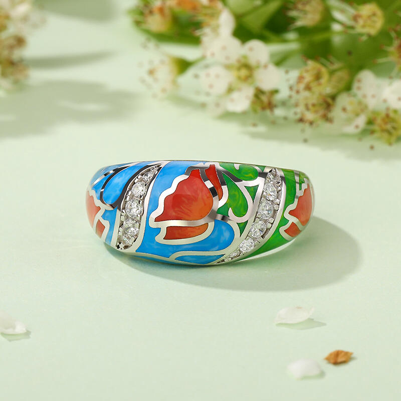 Jeulia "Ideal Love" Flower Enamel Sterling Silver Ring