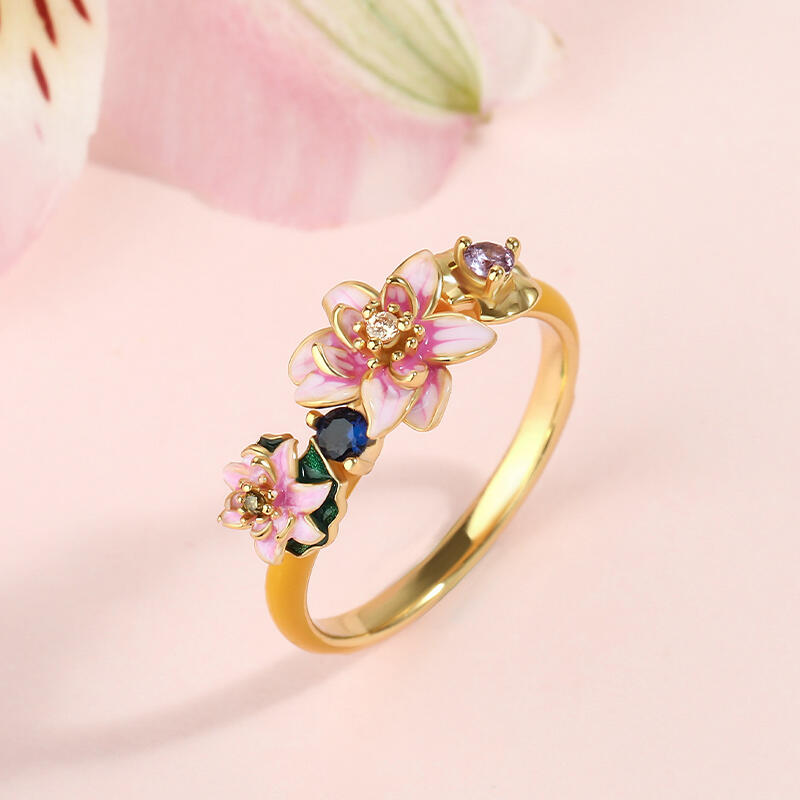 Jeulia "Tenderness in The Pond" Water Lilies Inspired Enamel Sterling Silver Ring