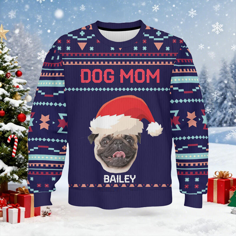 Personlig ful tröja unisex anpassad husdjurshuvudfoto blå stil design julklapp för husdjursälskare