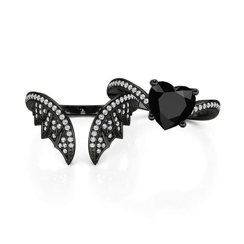 Jeulia Vintage Bat Wing Black Heart Bridal Ring Set