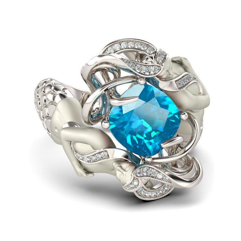 Jeulia Blue Cushion Cut Sterling Silver Mermaid Ring