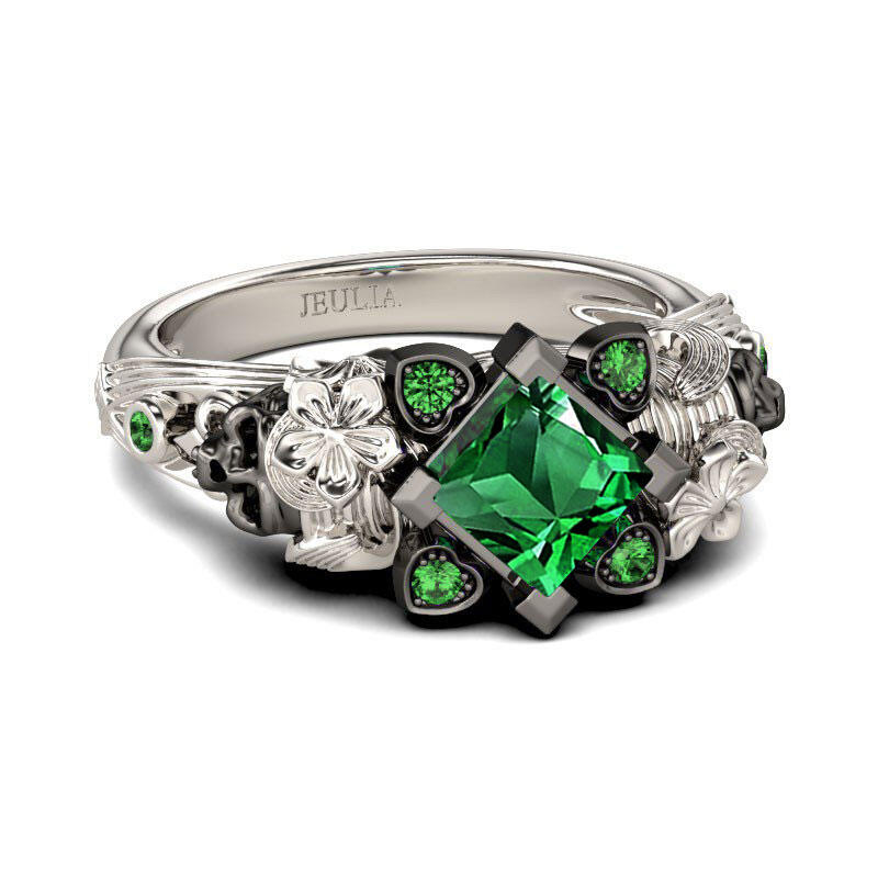 Jeulia Flower Design Princess Cut Sterling Silver Two Skull Ring