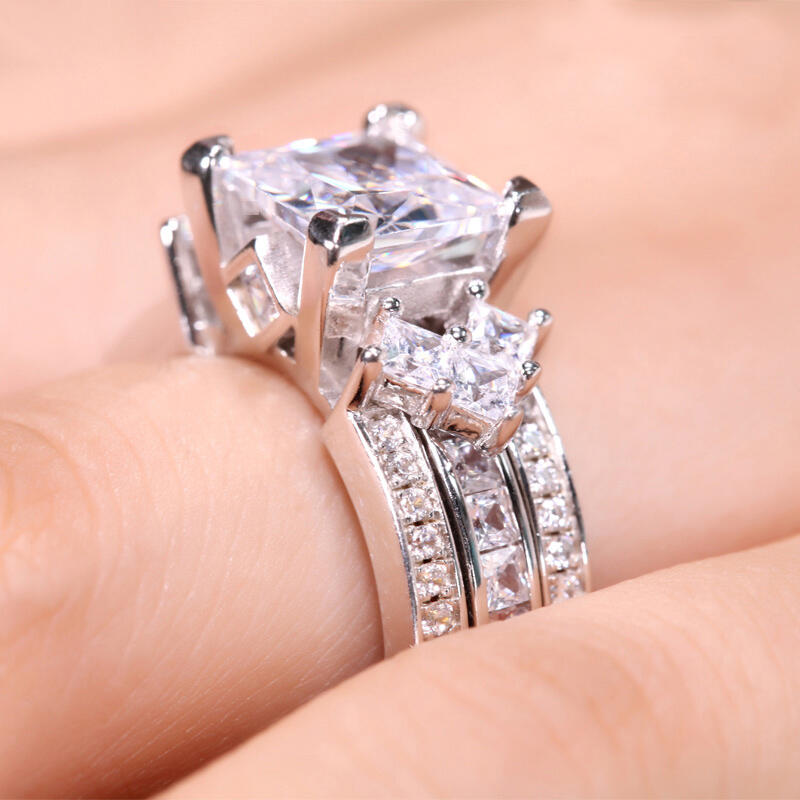 Juego De Anillo De Corte Princesa En Plata De Ley