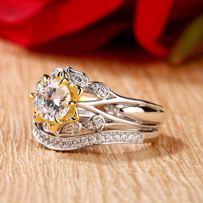 Jeulia Flower Round Cut Sterling Silver Ring Set