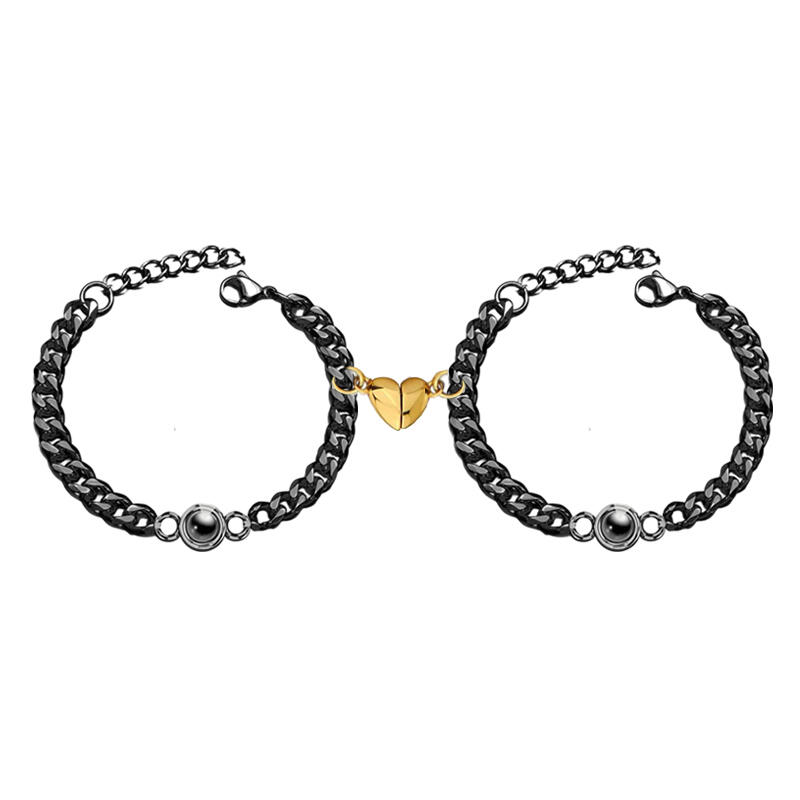 Bracciali Personalizzati con Proiezione di Foto Dentro Catena Nera Cuore con Magnete
