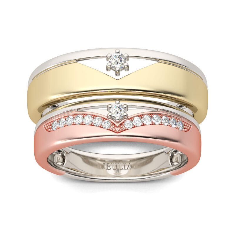 Jeulia Two Tone Round Cut Sterling Silver Band Set