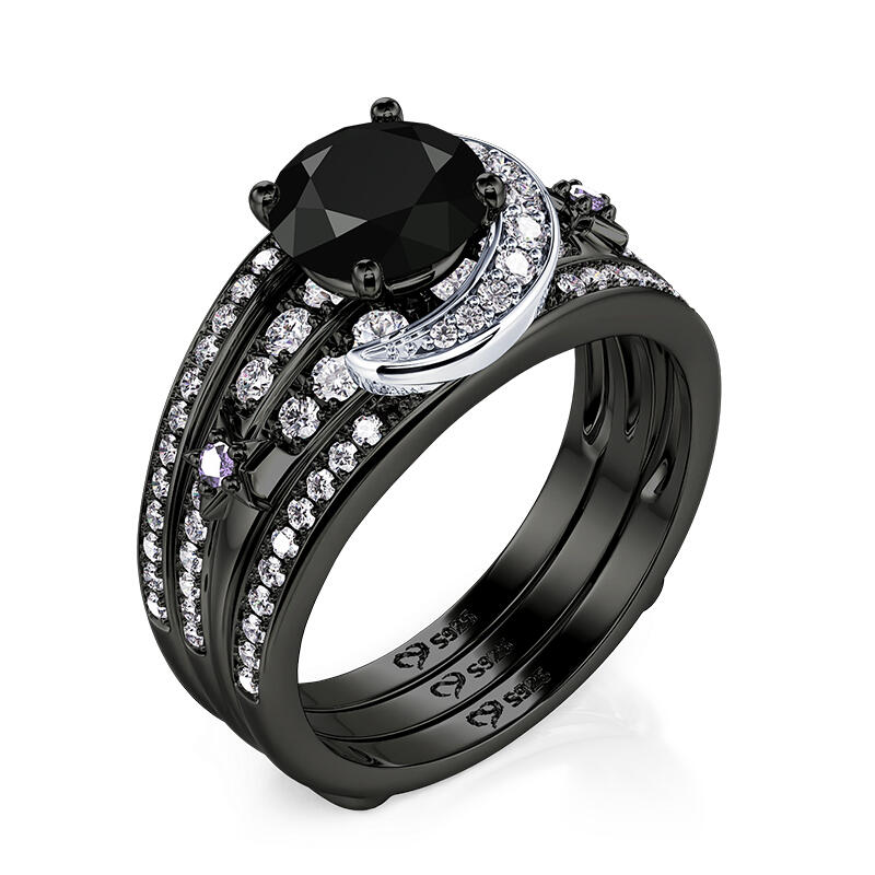 Jeulia Simple Black Moon and Star Ring Set