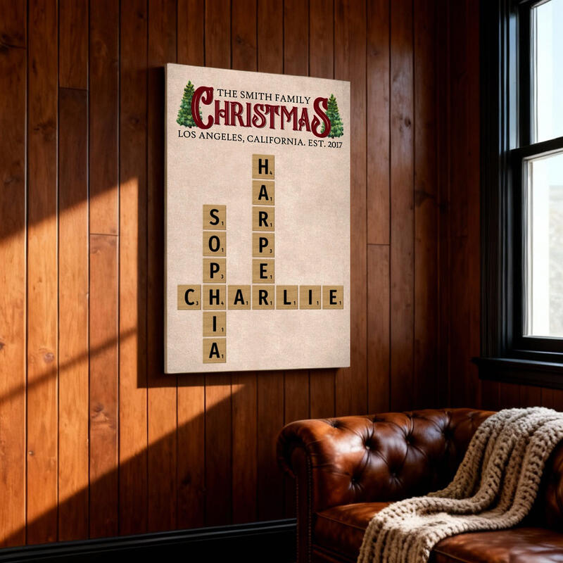 Personalized Name Crossword Canvas Wall Art with Christmas Tree Pattern Creative Gift for Family