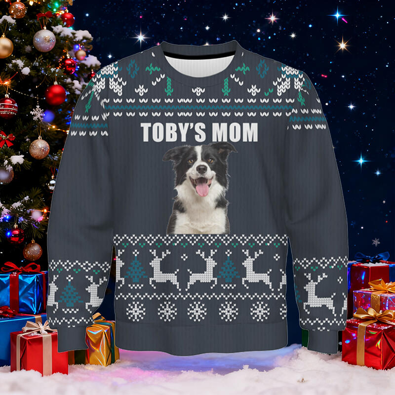 Personalized Ugly Sweater Unisex Pet's Mom Custom Photo Gray Style Design Christmas Gift for Pet Lovers