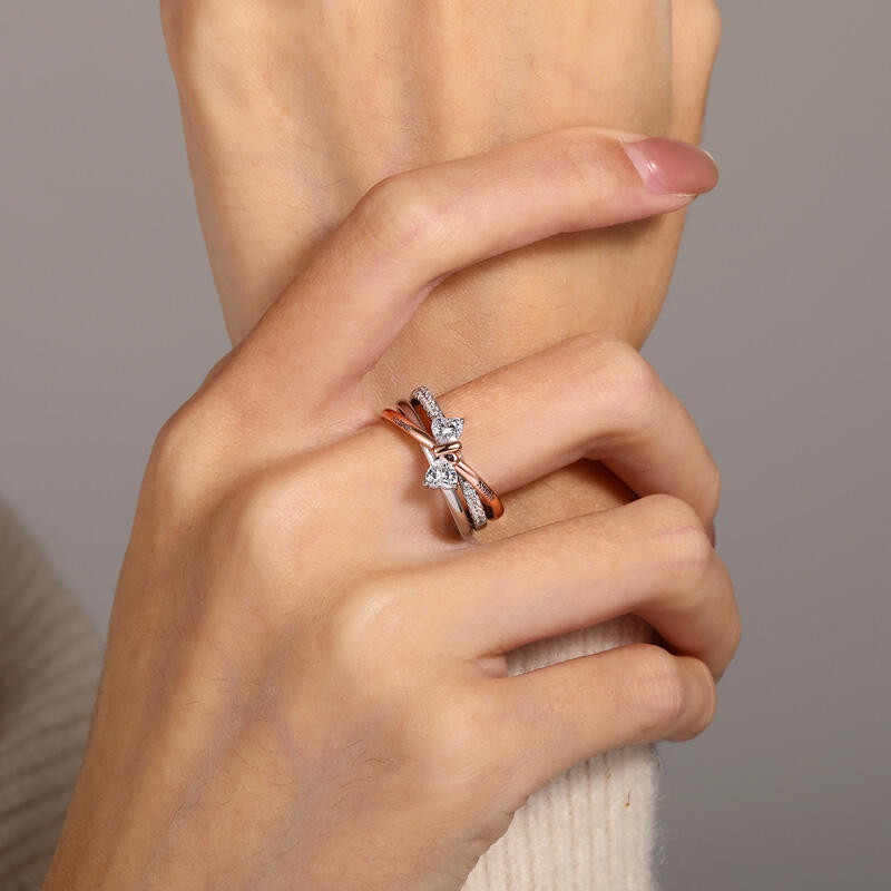 Jeullia Custom Bow Engraved 2 Hearts Promise Ring with Birthstone