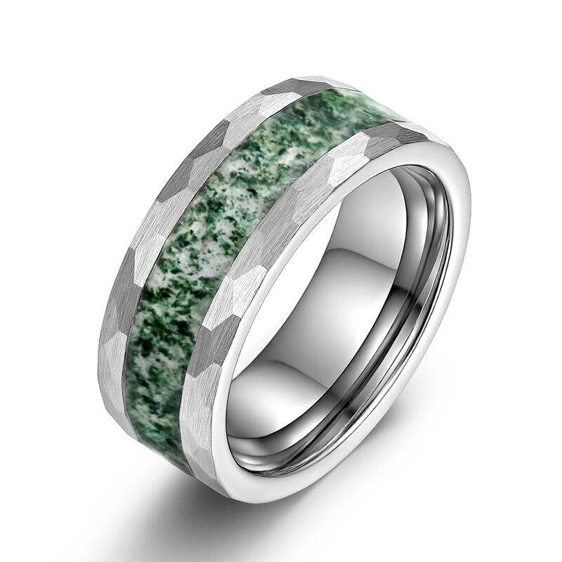 Jeulia Men‘s Hammered Tungsten Moss Agate Ring