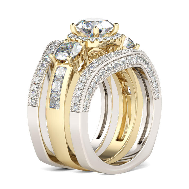 Jeulia Three Side Pave Round Cut Sterling Silver Ring Set