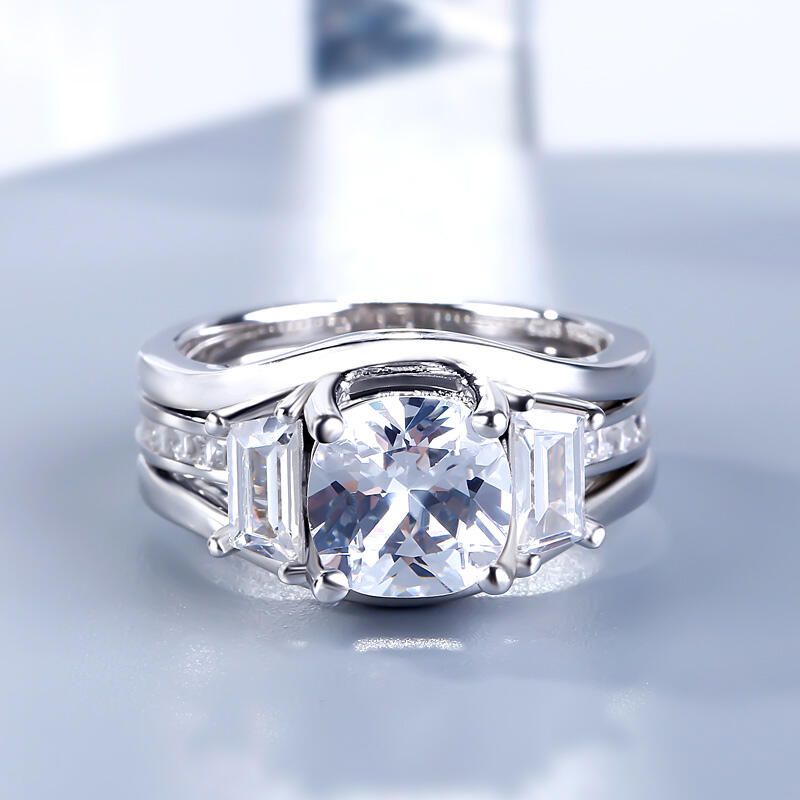 Jeulia Three Stone Cushion Cut Sterling Silver Ring Set