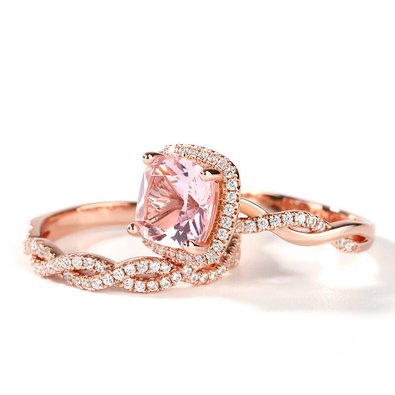 Jeulia Twist Halo Cushion Cut Synthetic Morganite Sterling Silver Ring Set