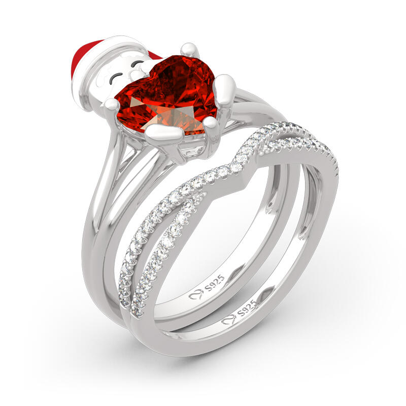 Jeulia "Santa Claus" Heart Cut Sterling Silver Ring Set