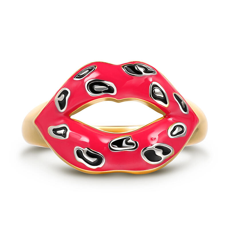 Jeulia Anillo de plata de ley con esmalte y estampado de leopardo con labios rojos