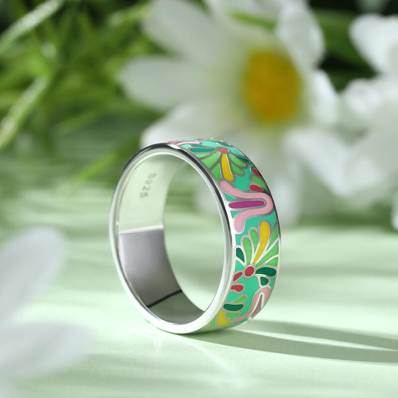 Jeulia "Fairy Garden" Flower Enamel Sterling Silver Women's Band