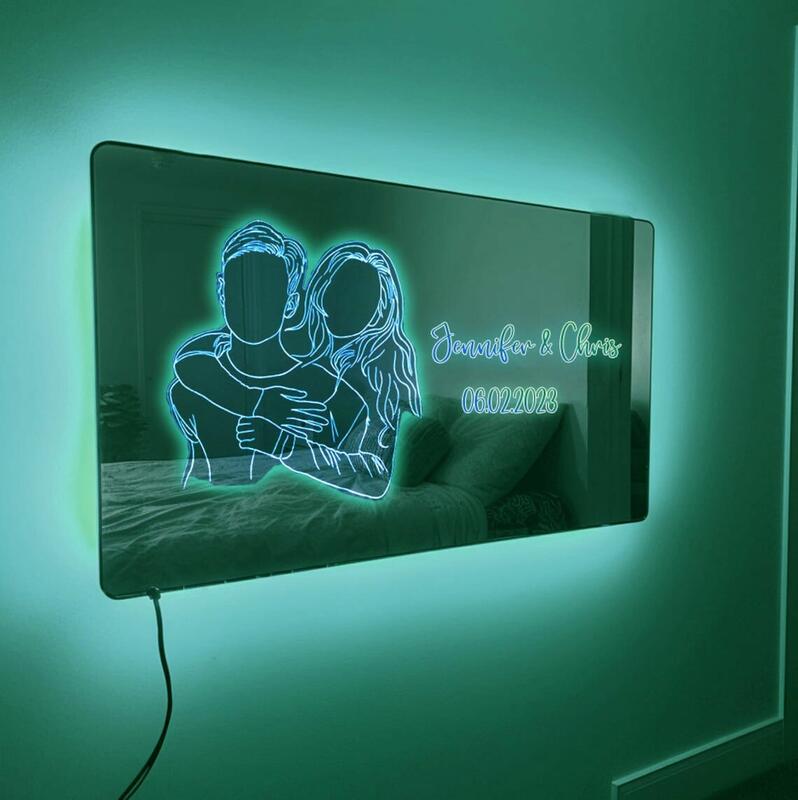 カスタマイズ 写真 文字 日付 LED ミラー 発光 ライト 壁掛け 12色変化 屋内装飾 リモコン付き 壁フック付き