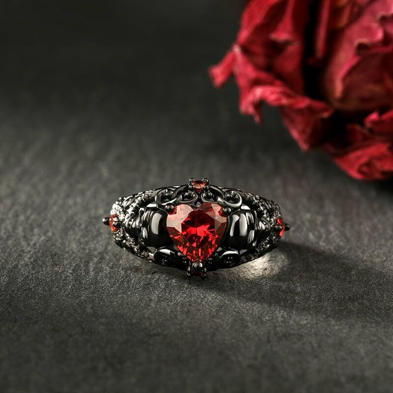 Jeulia Ruby Rings Jeulia Black Twist Ruby Heart Skull Ring Sterling Silver - Jeulia Jewelry