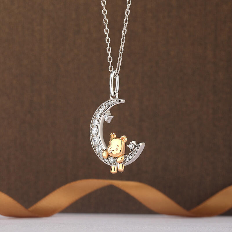 Jeulia Collar con Oso de Dibujos Animados Luna y Estrella en Plata