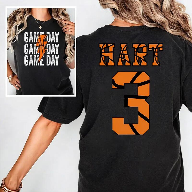 Personalized Washed T-shirt Game Day Custom Basketball Elements Font Design Gift for Sports Lovers