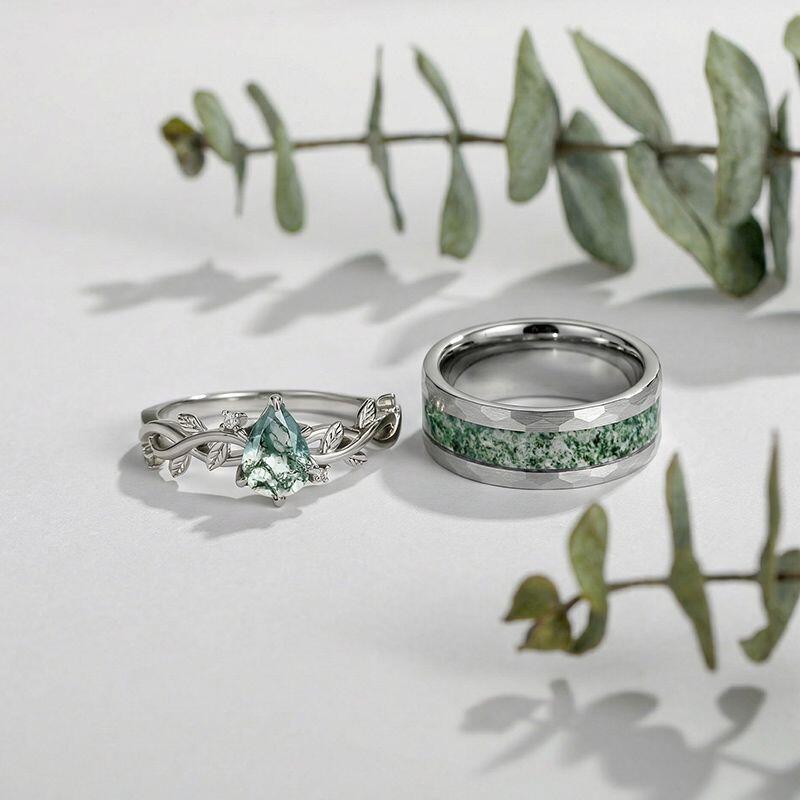 Jeulia Herren Gehämmert Tungsten Moosachat Ring