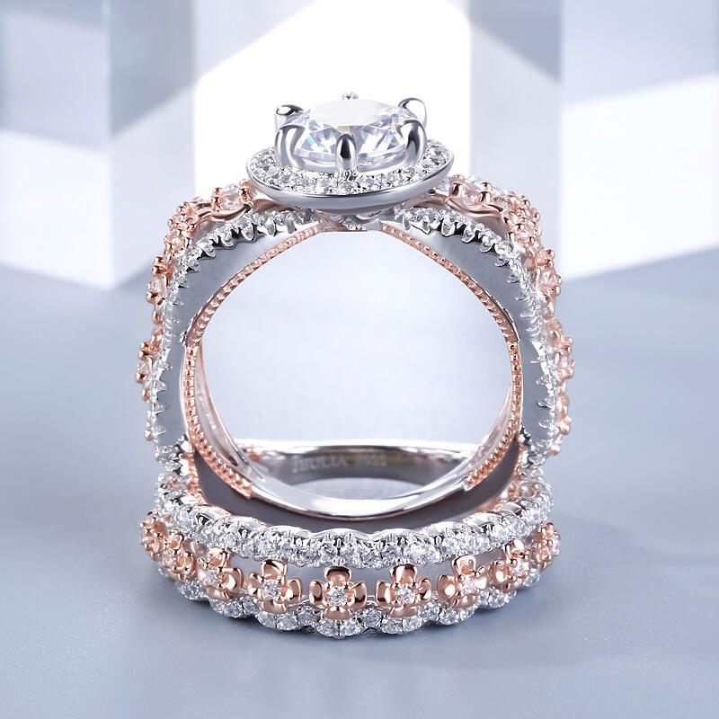 Jeulia Floral Halo Round Cut Sterling Silver Ring Set