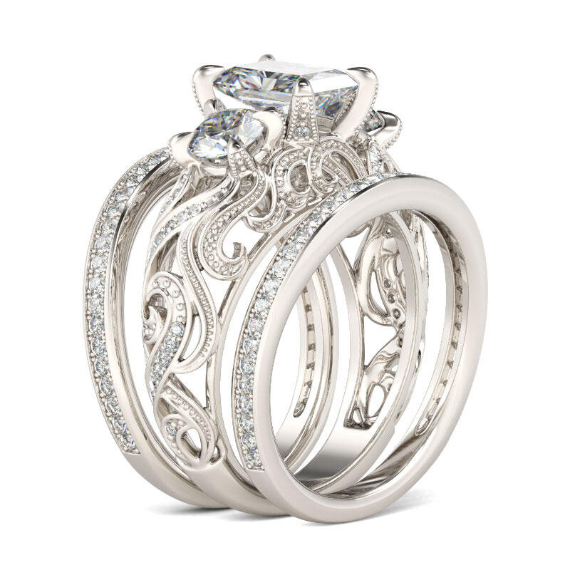 Jeulia Three Stone Scrollwork Radiant Cut Sterling Silver Ring Set