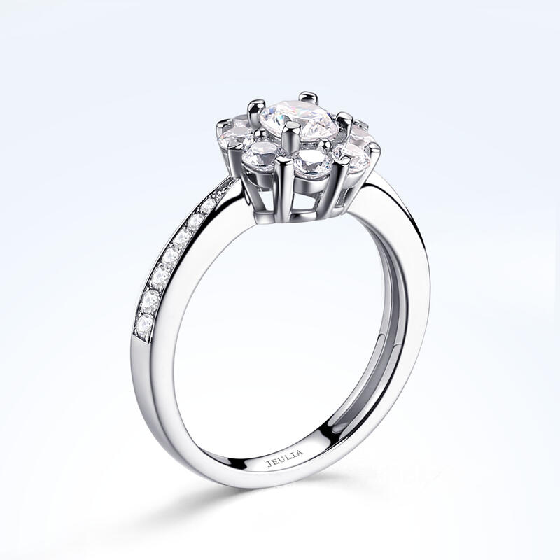 Jeulia Floral Halo Cluster Round Cut Sterling Silver Ring