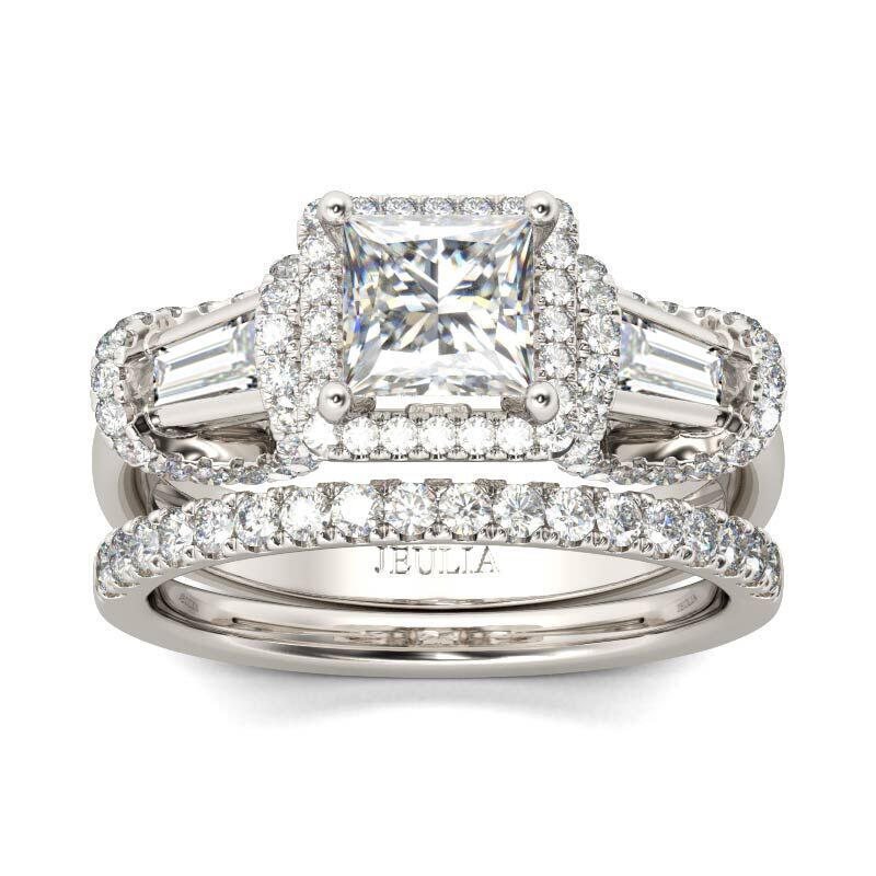 Jeulia Three Stone Halo Princess Cut Sterling Silver Ring Set