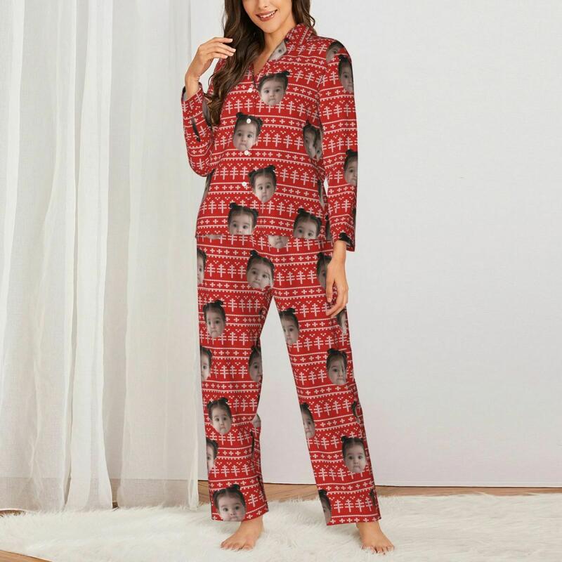 Pyjama personnalisé avec photo personnalisée Pixel Arbre de Noël Motif de style rouge Cadeau parfait pour elle