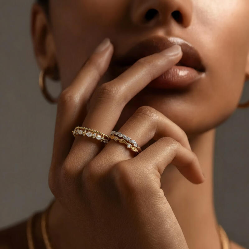 Jeulia Everyday Two Tone Leaf and Flower Stackable Ring Set