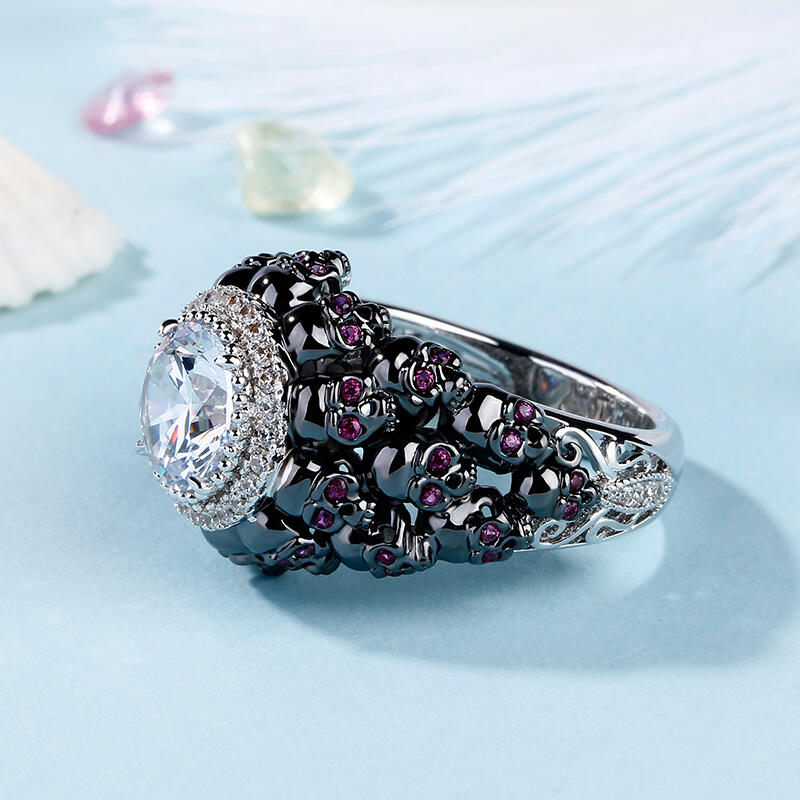 Jeulia Anillo De Calavera De Plata Esterlina Con Talla Redonda De Dos Tonos Con Halo