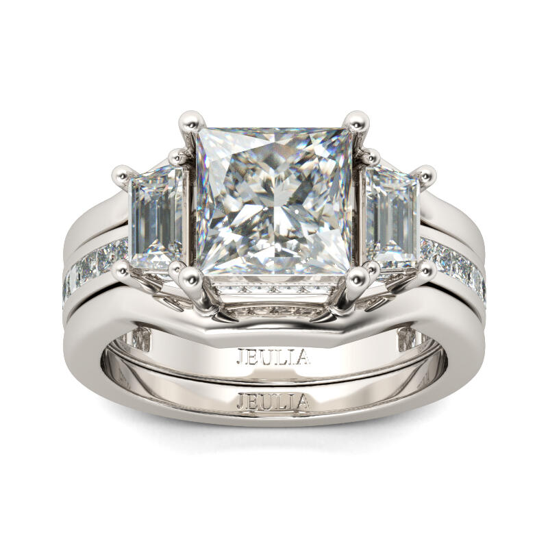 Jeulia Three Stone Princess Cut Sterling Silver Ring Set
