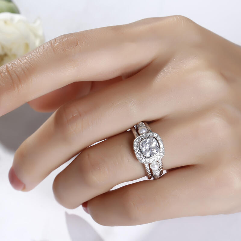 Jeulia Rope Halo Cushion Cut Interchangeable Sterling Silver Ring Set