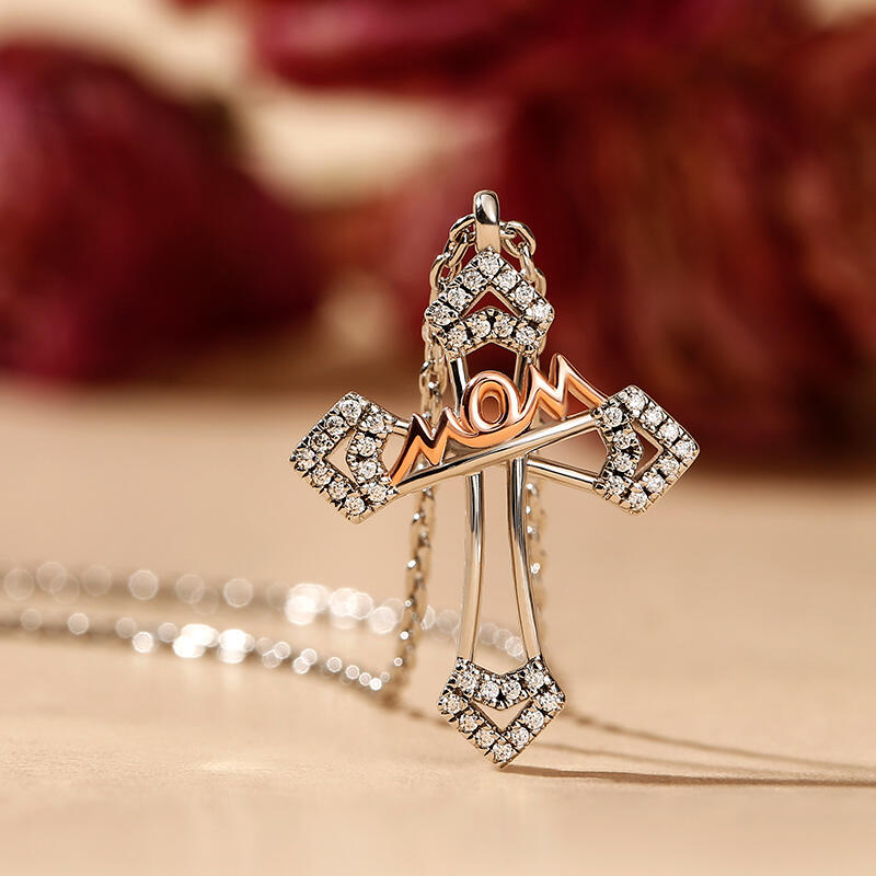 Jeulia "Mom Bless You" Mom Cross Sterling Silver Necklace