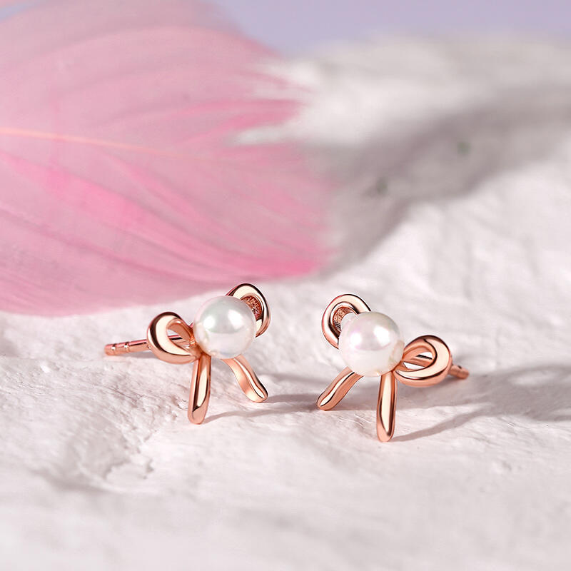 Jeulia "Ribbon Bow" Cultured Pearl Sterling Silver Children's Earrings