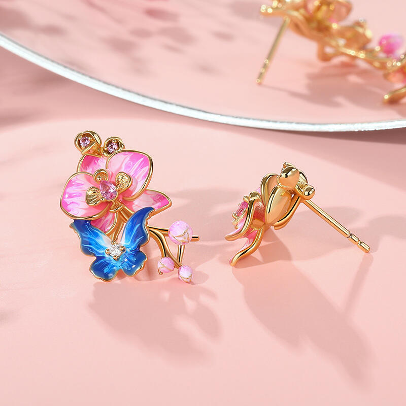 Jeulia バタフライ フラワー 蝶 花 エナメル シルバー スタッド ピアス