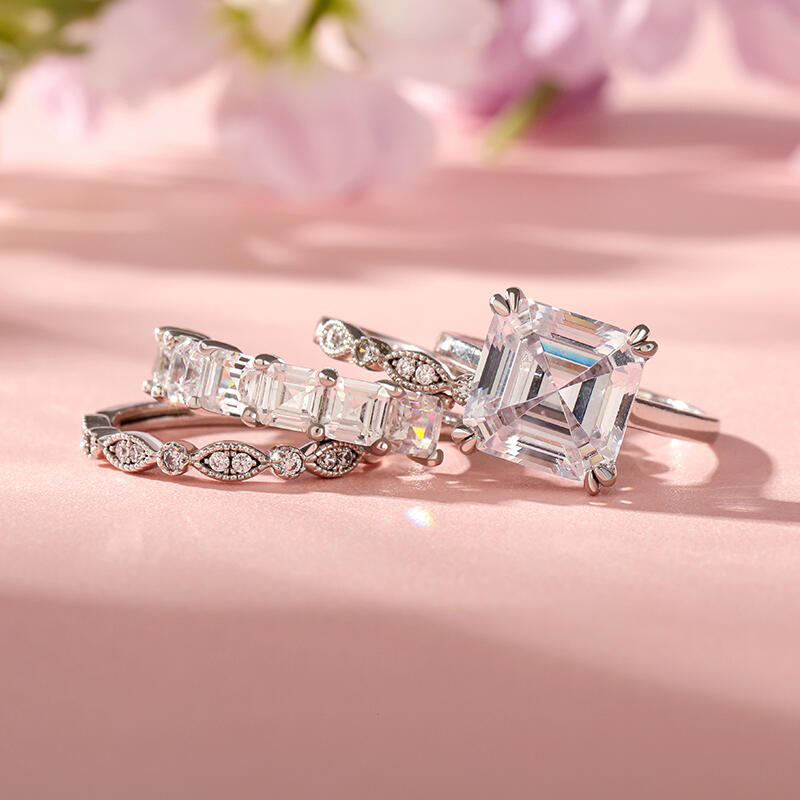 Jeulia Set De Cuatro Anillos En Plata De Ley De Corte Asscher