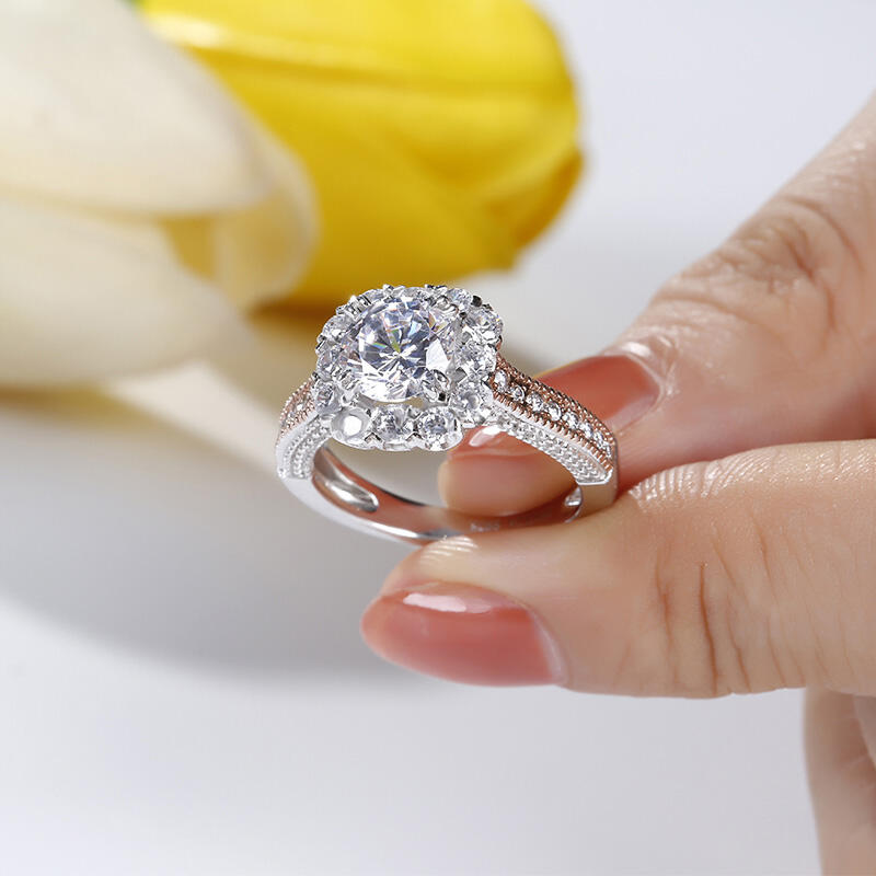 Jeulia Halo Two Tone Round Cut Sterling Silver Ring