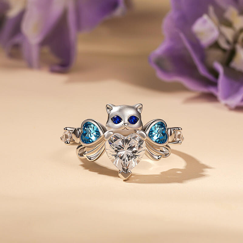 Jeulia Cute Cat Bowknot Heart Ring Sterling Silver