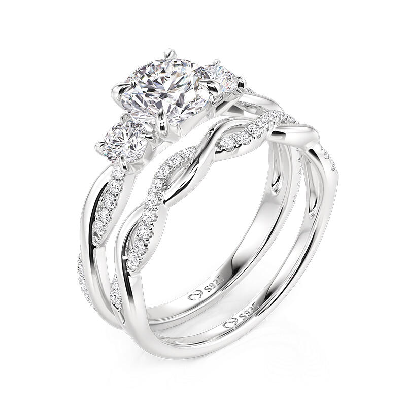 Jeulia Juego de Anillos Clásico de Tres Piedras Redondas con Giro