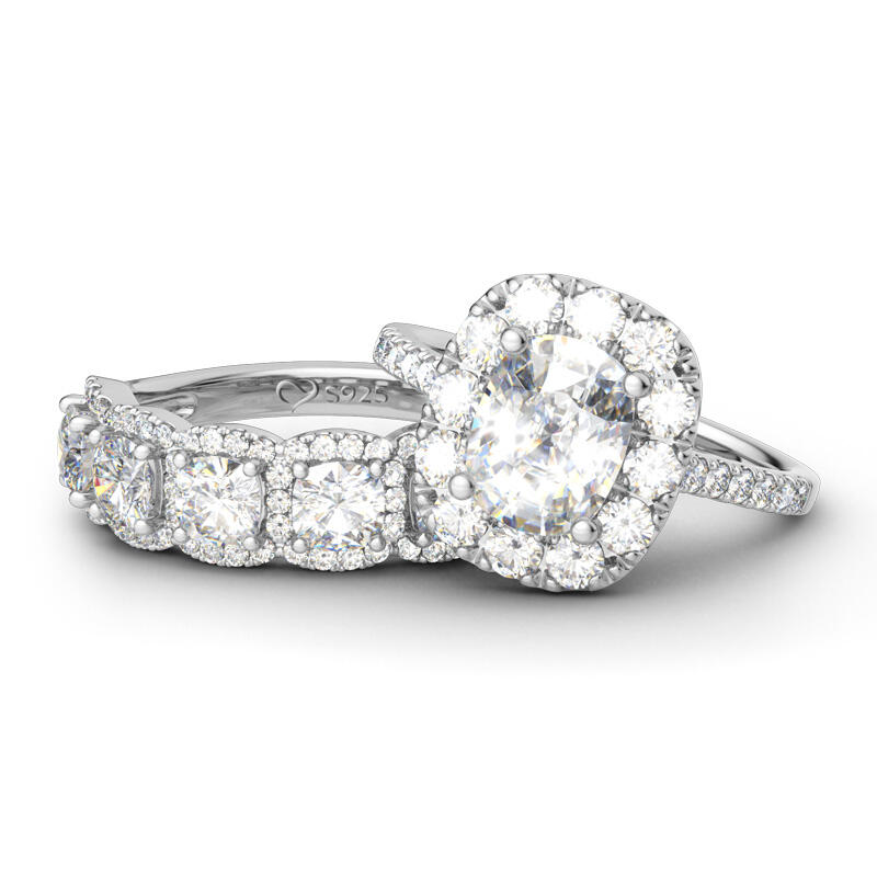 Jeulia Halo Cushion Cut Sterling Silver Ring Set