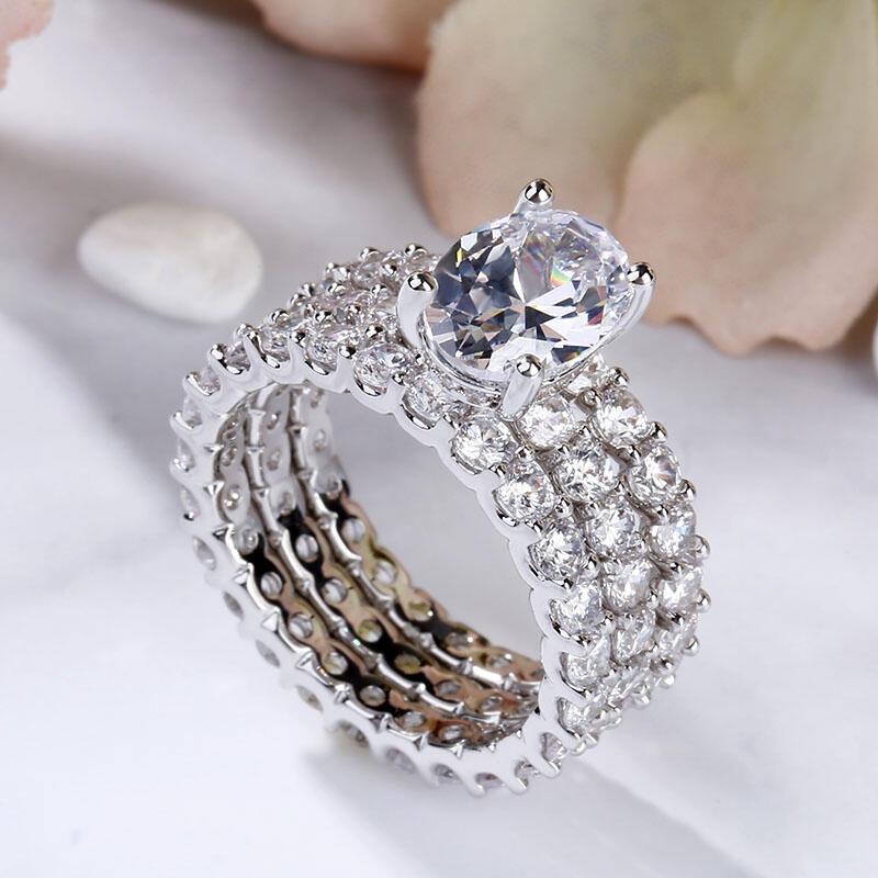 Jeulia Terno De Anillos De Talla Ovalada En Plata De Ley