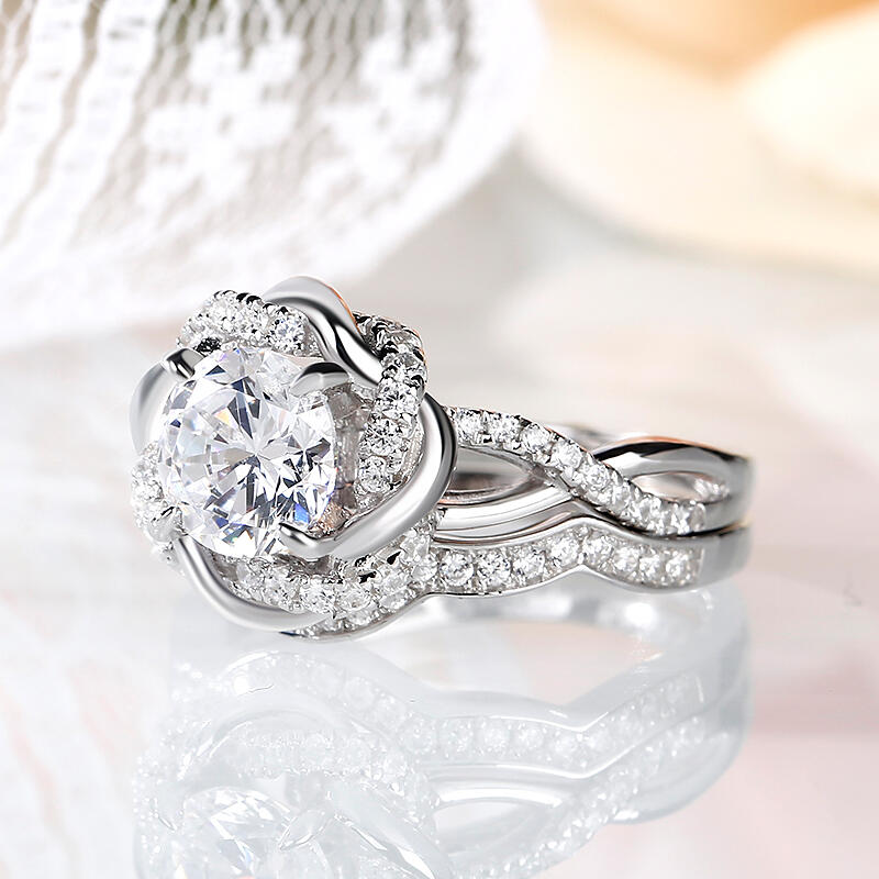 Jeulia Twist Floral Round Cut Sterling Silver Ring Set