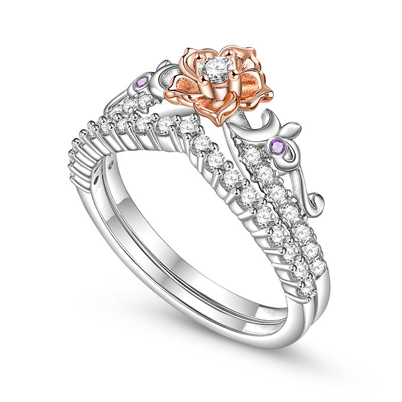 Jeulia Rose Gold Flower Promise Ring Set Two Tone Sterling Silver