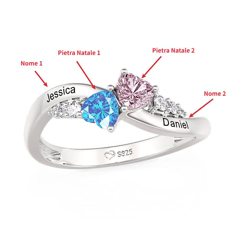 Jeulia Anello Doppio Cuore Personalizzato Unico con Pietra Natale e Incisione