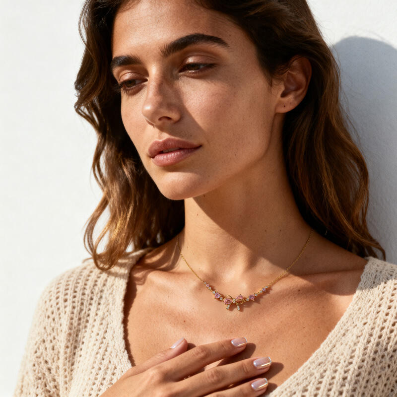 Jeulia Charming Heart Gold Bow Necklace Sterling Silver