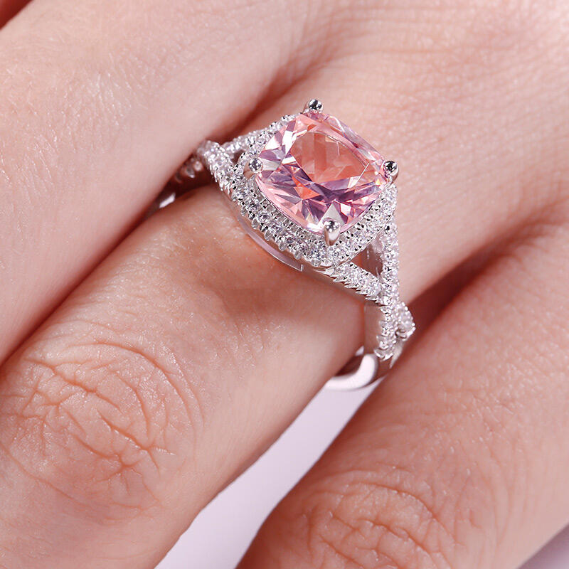 Jeulia Twist Halo Cushion Cut Synthetic Morganite Sterling Silver Ring